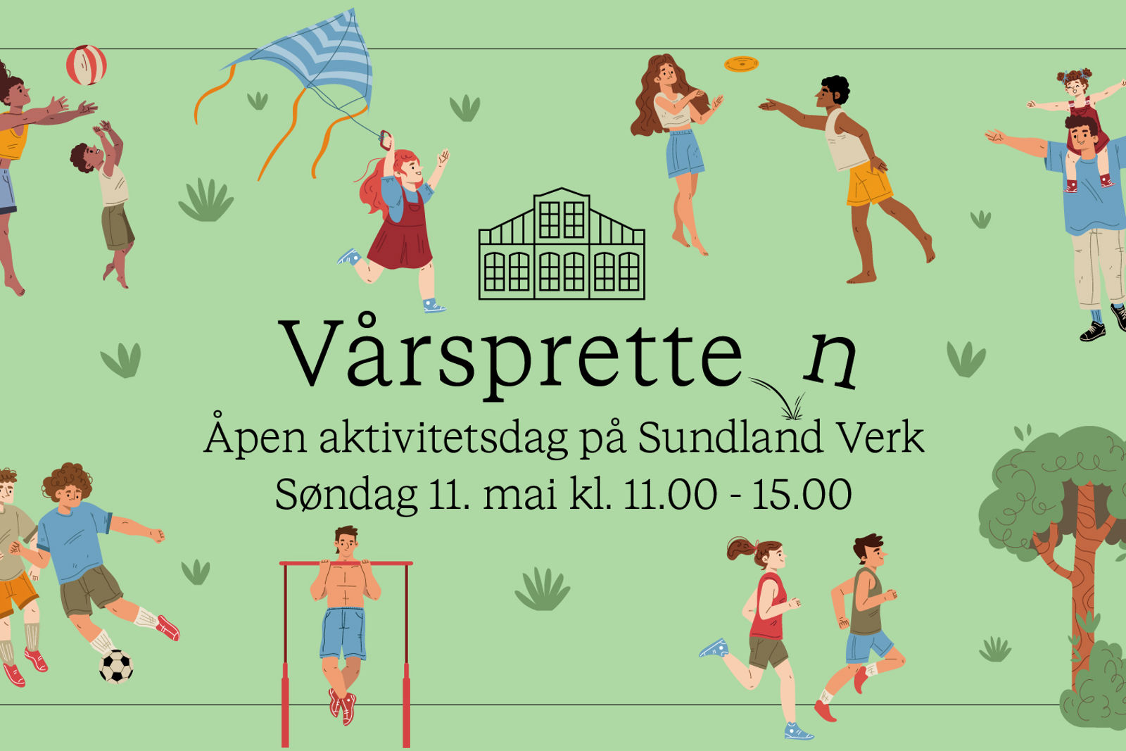 Illustrasjon av mennesker som driver med aktiviteter. Invitasjon til Vårspretten