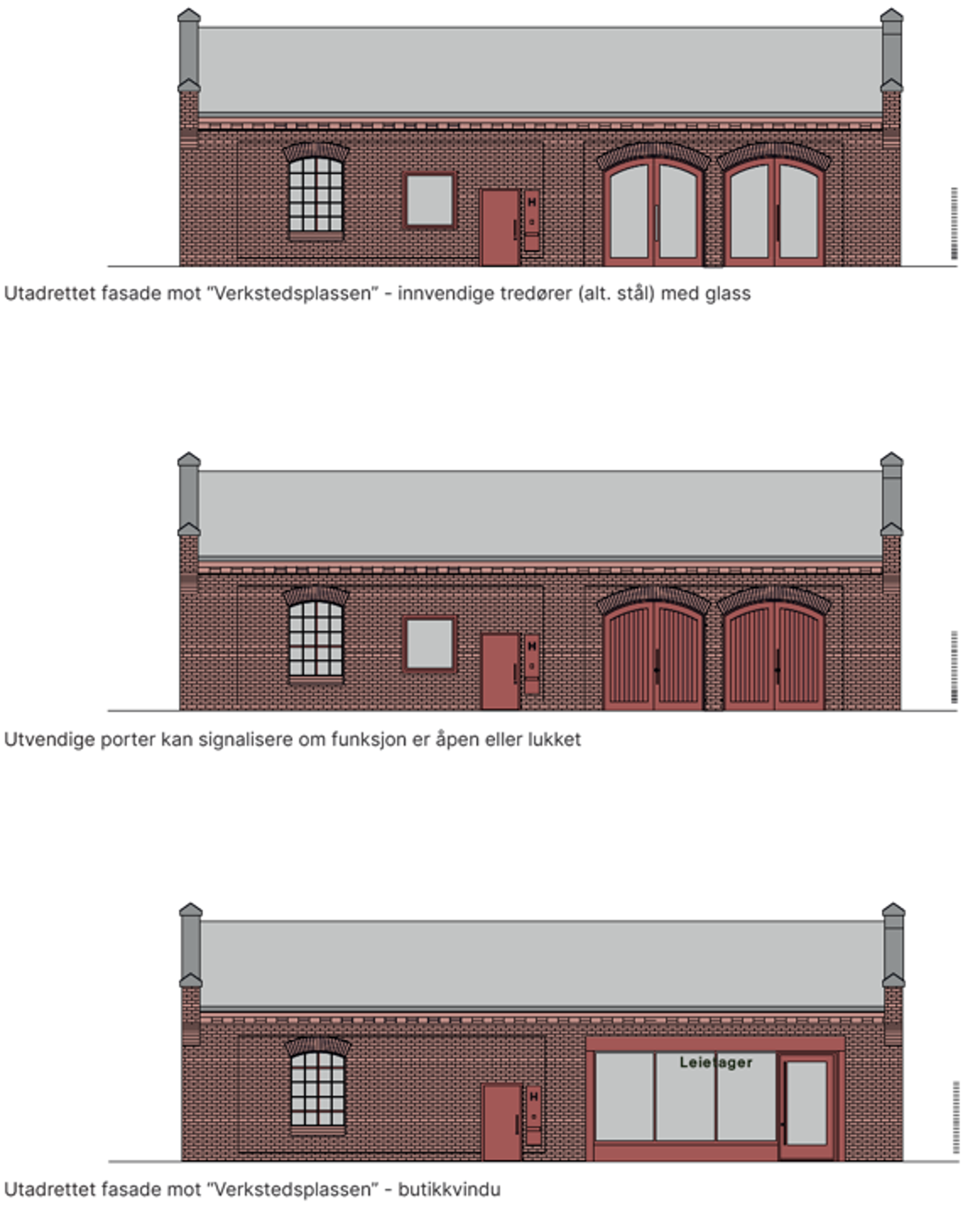Tre ulike illustrasjoner på hvordan et bygg kan se ut utvendig