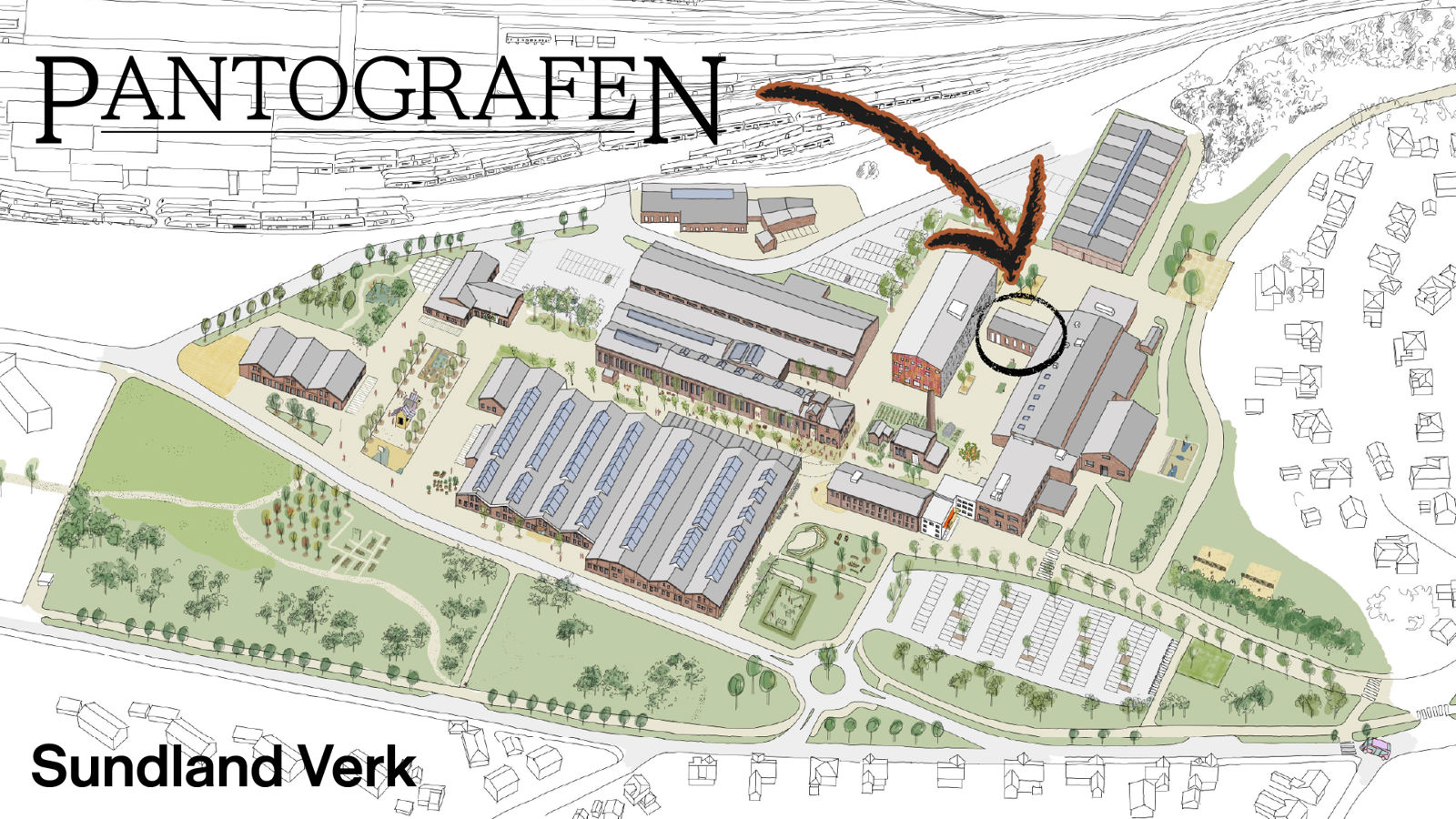 Kart over Sundland verk hvor Pantografen er innringet.